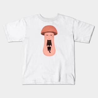 Cute happy mushroom with happy black cat Kids T-Shirt